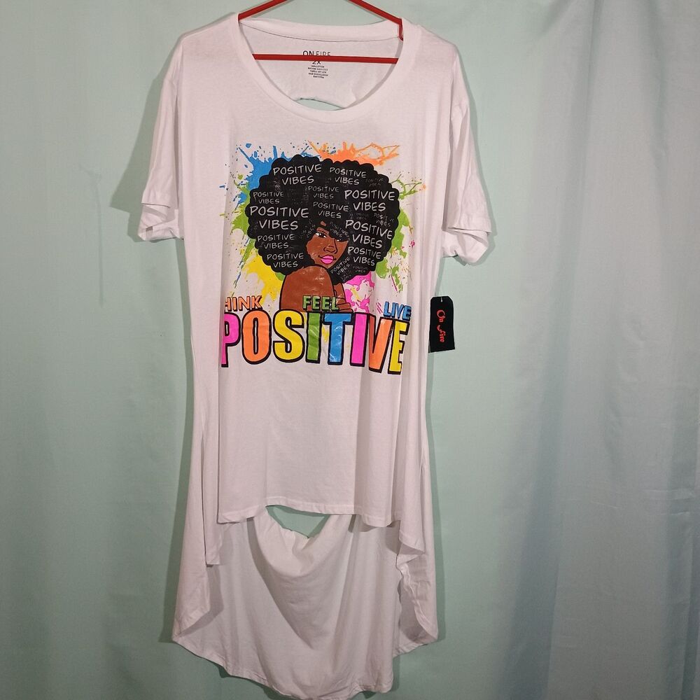 White Positive Vibes Graphic Tunic Top High Low Hem Short Sleeve NWT